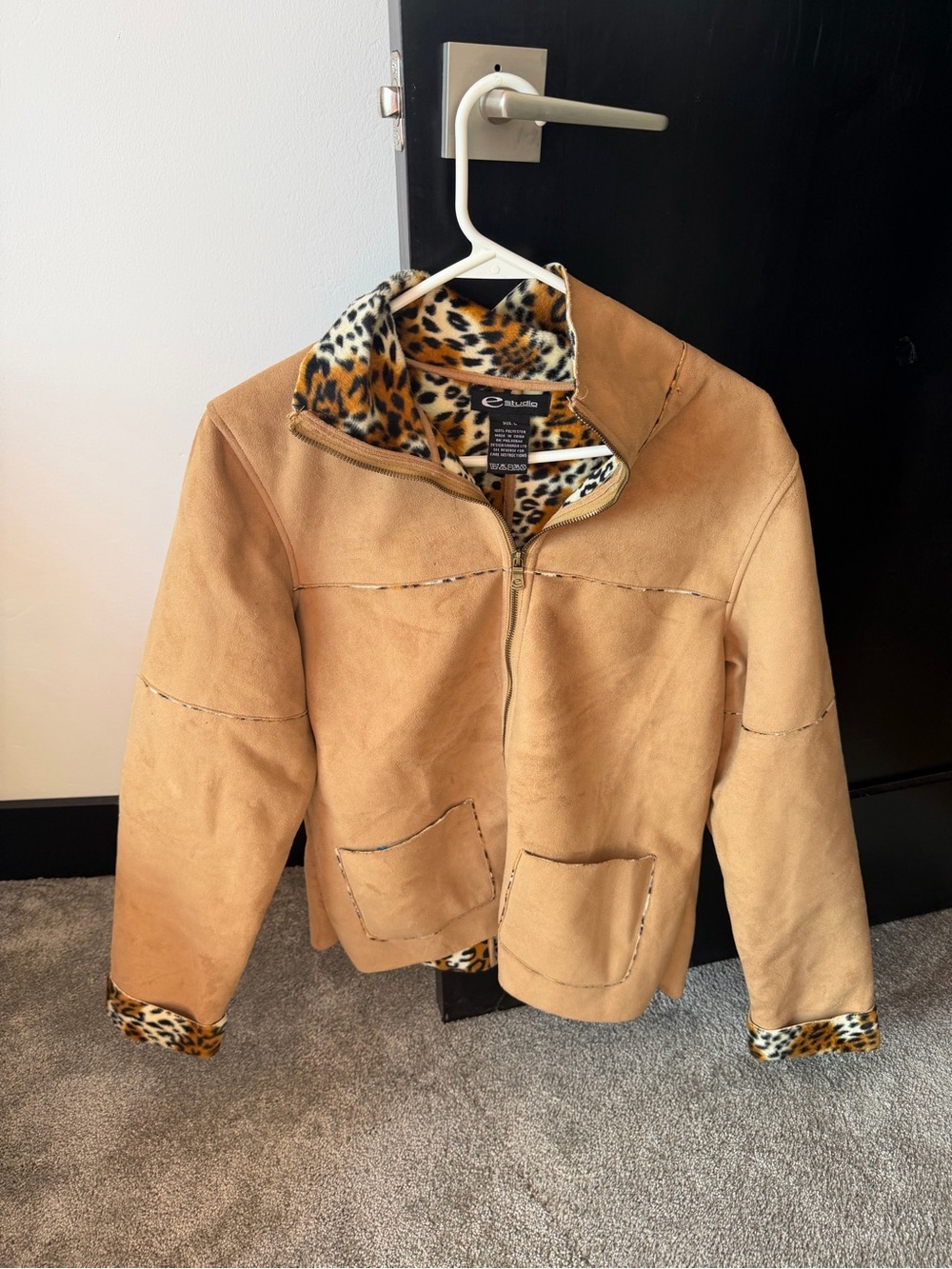 E Studio Tan Faux Suede Jacket with Leopard-Print Lining